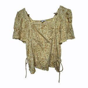 Lucky Brand Yellow Boho Floral Puff Sleeve Side Tie Blouse Top‎ Womens Size M